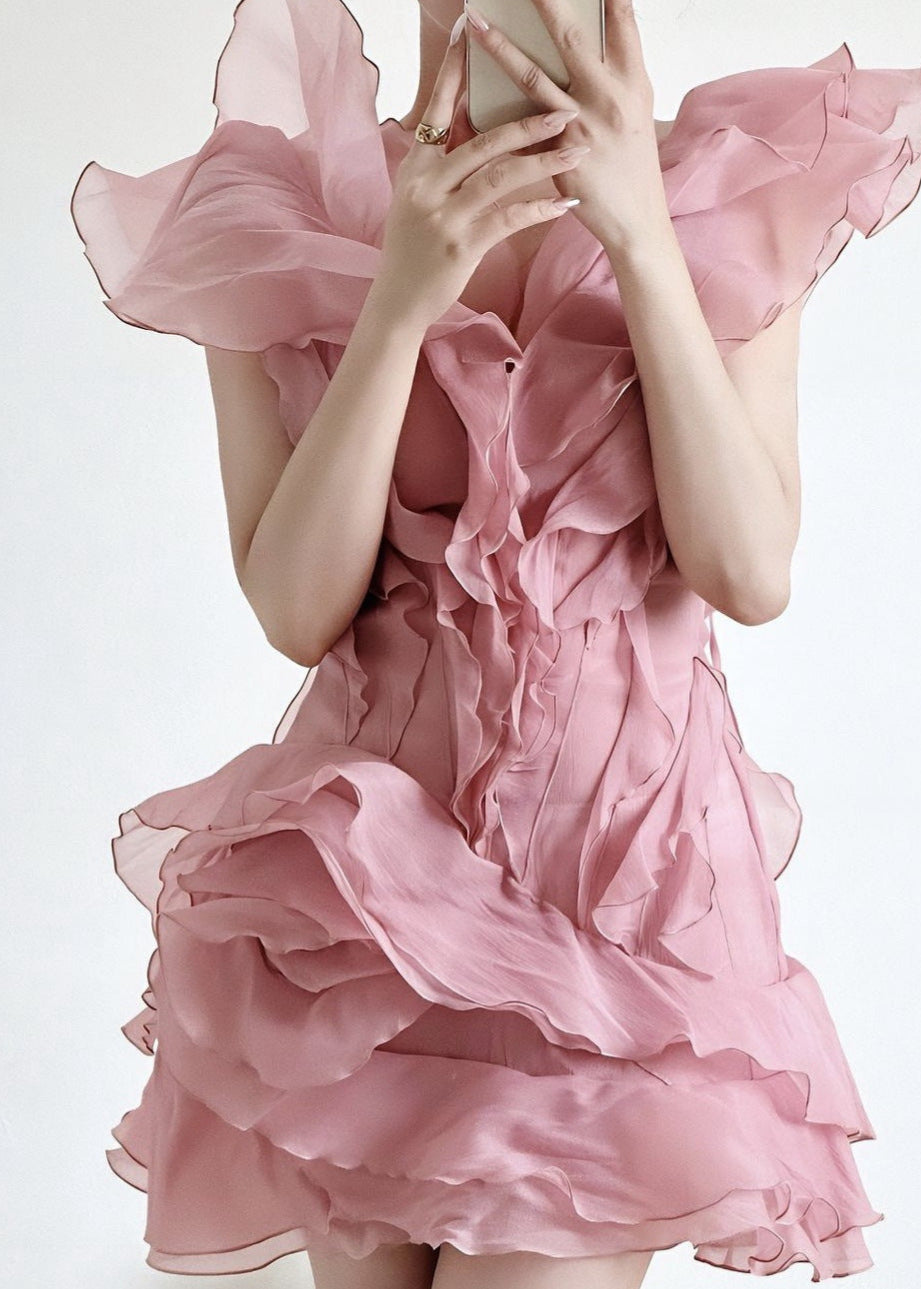 Ruffled Organza Mini Dress With Asymmetrical Neckline