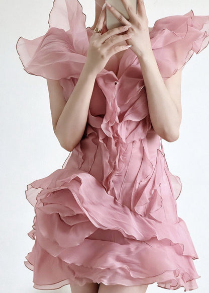 Ruffled Organza Mini Dress With Asymmetrical Neckline
