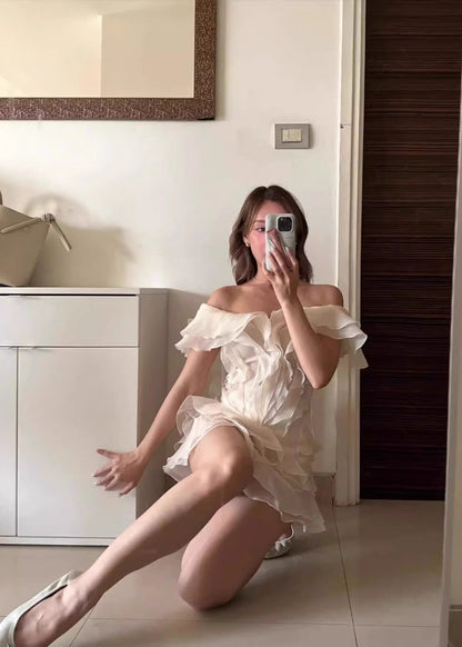 Ruffled Organza Mini Dress With Asymmetrical Neckline