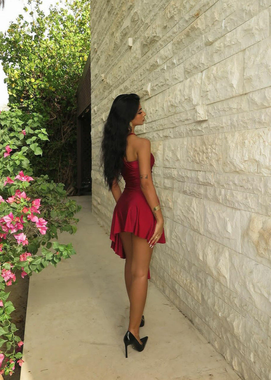 Asymmetrical Satin Halter Dress With Ruching