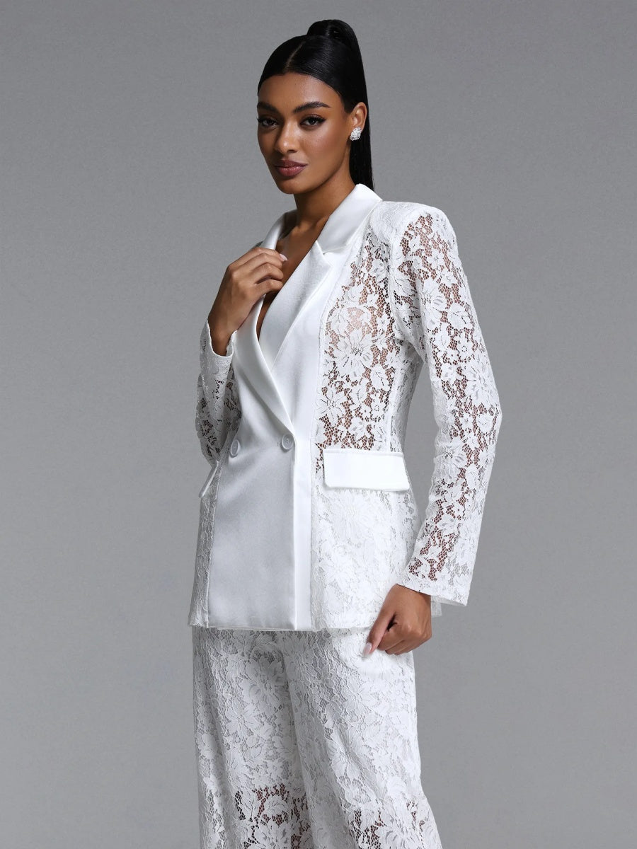 Elara Lace Satin-Trimmed Blazer & Wide-Leg Pant Suit