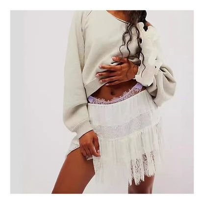 High Waist Lace Mini Skirt With Irregular Hem In Solid Color