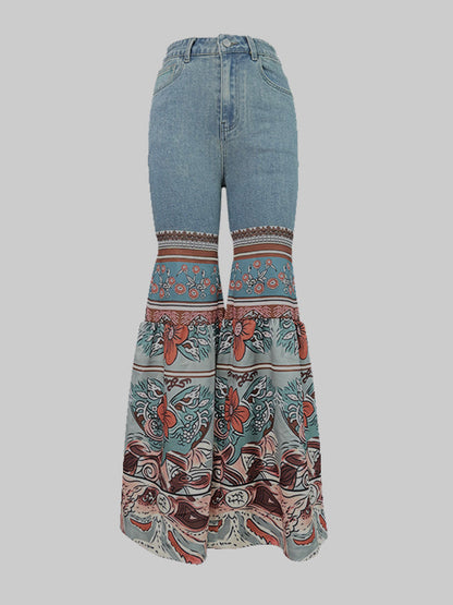 Flared Pants Floral Printed High-Waisted Pockets Jean Pants Bottoms