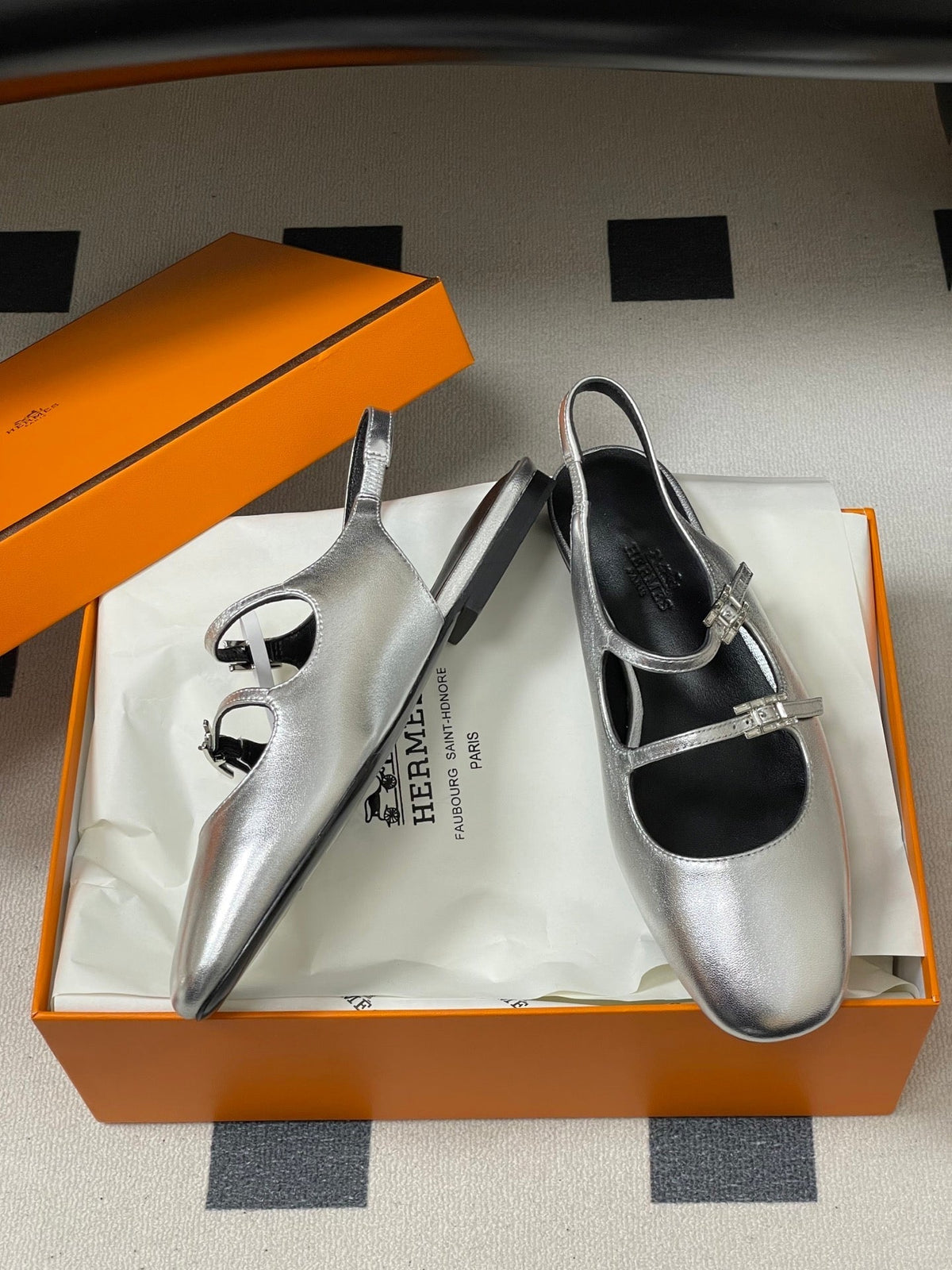 Hermes 26S Mila Open-Heel Sandals Silver in Calfskin 594344