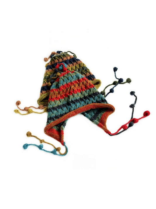 Haila - Colorful Earflap Knitted Beanie with Pompoms