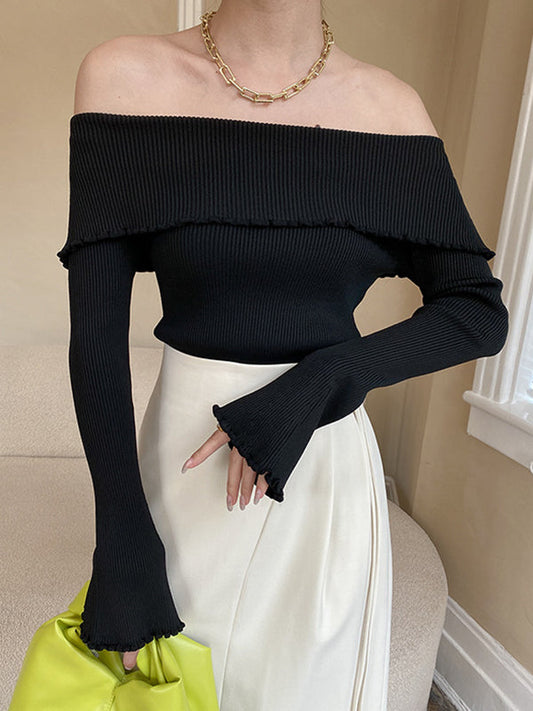 Long Sleeves Skinny Falbala Solid Color Off-The-Shoulder Sweater Tops