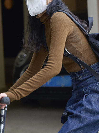 Korean-Style Long Sleeves Solid Color High-Neck Sweater Tops