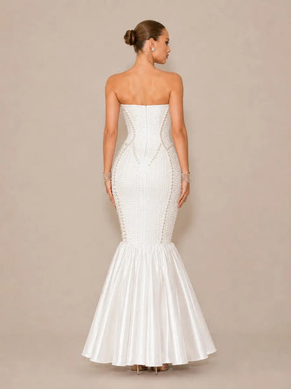 Arielle Sexy Strapless Pearl-Beaded Maxi Dress