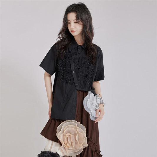 Heavy Duty Embroidered Asymmetric Lapel Short Sleeve Shirt
