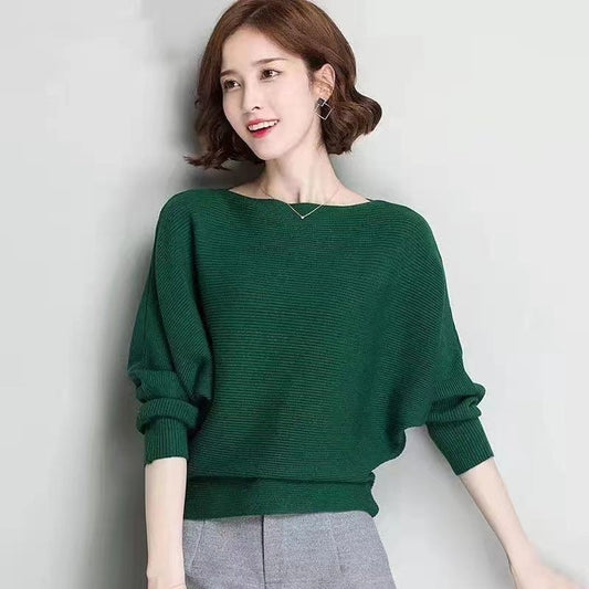 Solid Color One-Word Collar Bat Sleeve Knit Sweater