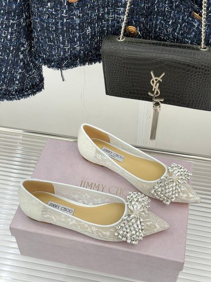 JC25WF Rhinestone Bow Pionted Toe Ballet Flat White Sheepskin 573534