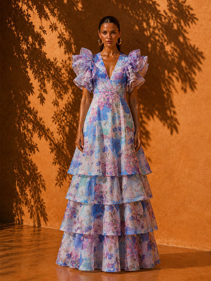 Sophia Printed Ruffled-Sleeve Tiered Maxi Dress