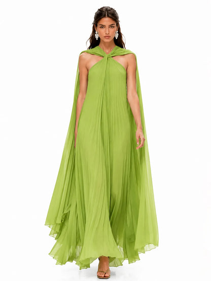 Talia Pleated Mesh Maxi Dress In Green