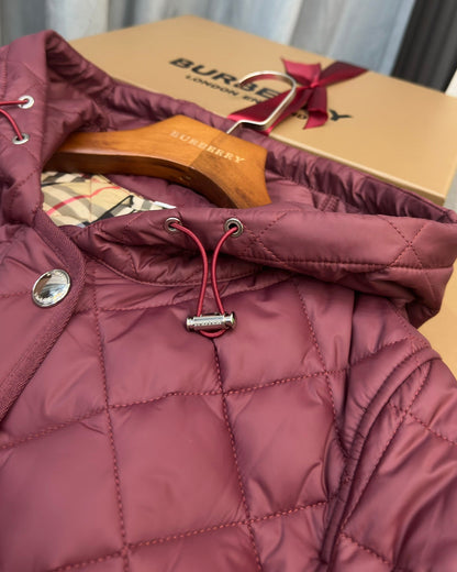 Burberry 25 Quilted Hooded Long Coat Burgundy Polyester Cotton