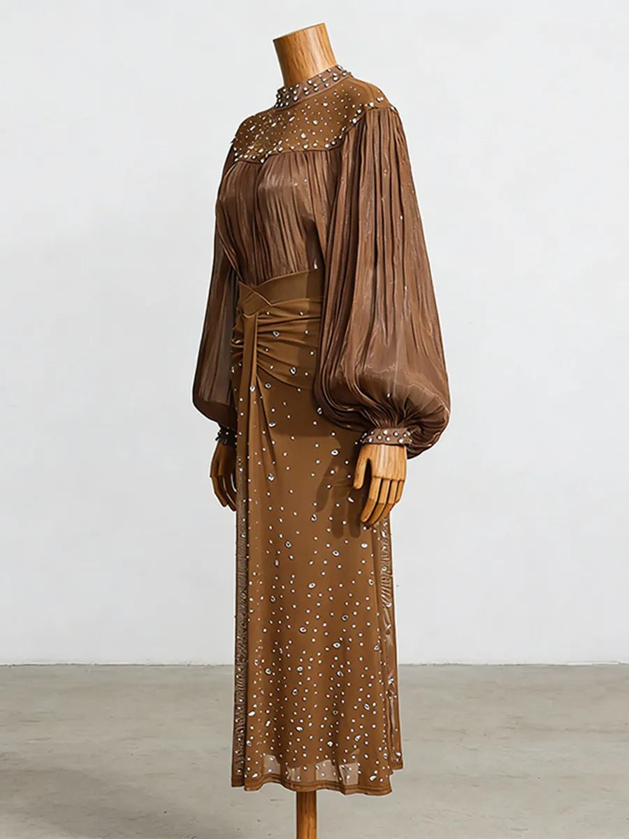 Isadora Mesh Lantern Sleeve Rhinestone Two Piece Set
