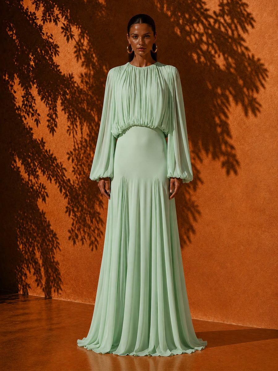 Keira Crew Neck Pleated Long-Sleeve Maxi Dress