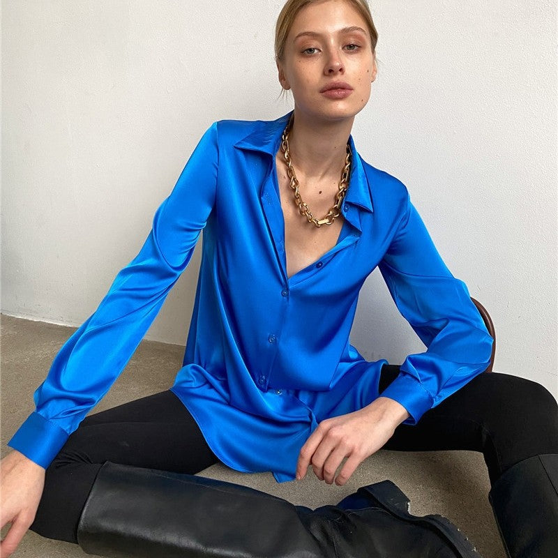 Lapel-Collar Glossy Satin Shirt