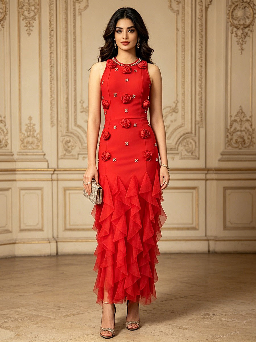 Annalise Elegant 3D Floral & Rhinestone Maxi Dress