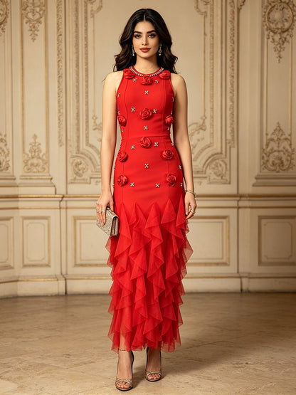 Annalise Elegant 3D Floral & Rhinestone Maxi Dress