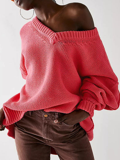 Long Sleeves Loose Solid Color Velvet V-Neck Pullovers Sweater Tops