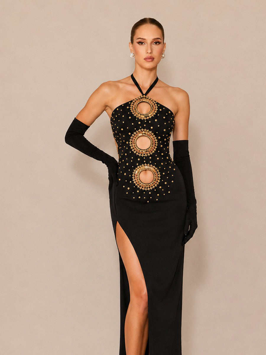 Brynn Beaded Halter-Neck Cut-Out Maxi Dress
