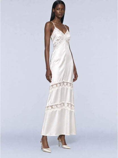 Olivia Satin Lace Patchwork Maxi Dress