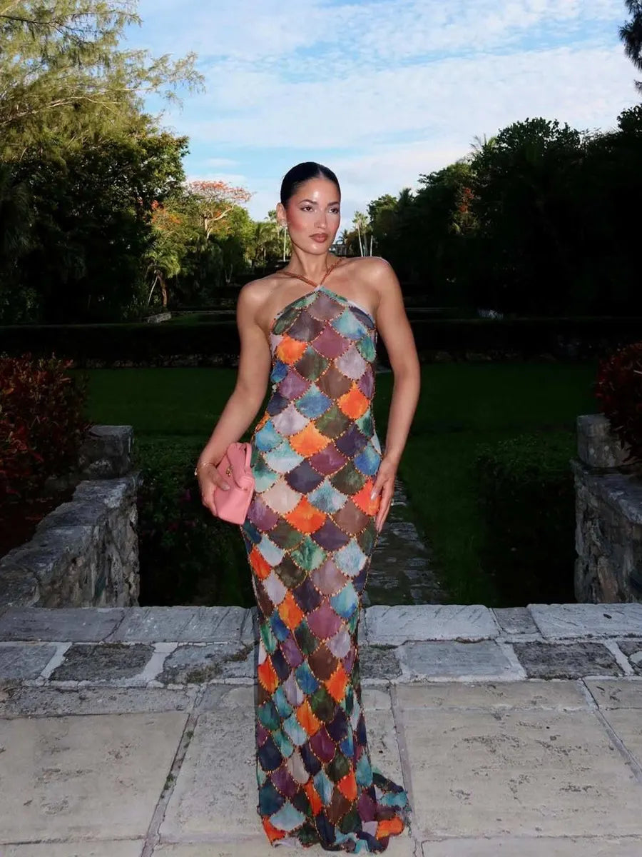 Felicia Mermaid Print Halter Maxi Dress