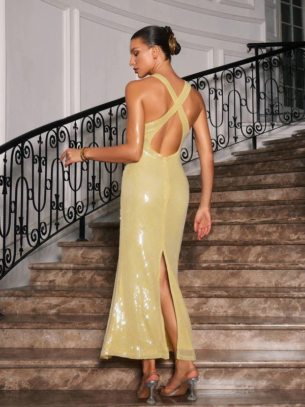 Radana Plunge Neck Flower Sequin Dress In Yellow