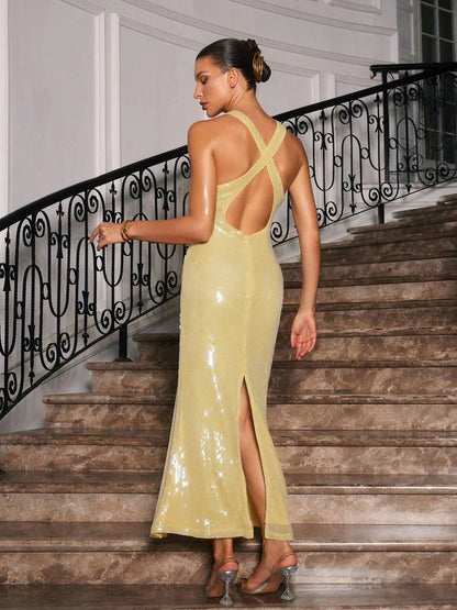 Radana Plunge Neck Flower Sequin Dress In Yellow