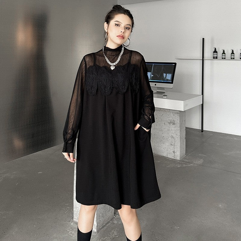 Hollow-Out Lace & Mesh Paneled Dress - Loose Fit, Luxury Feel, Elegant Mid-Length Dress For Women
