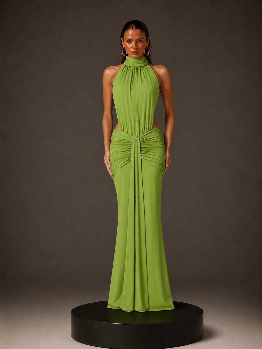 Everly High-Neck Backless Maxi Dress In Green