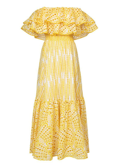 Ruffle Off Shoulder Dress Yellow Embroidered Midi