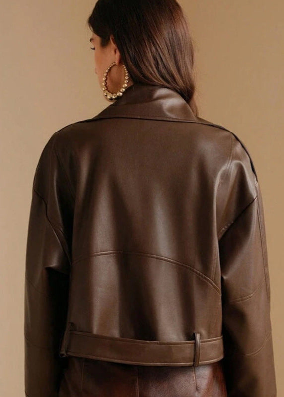 Faux Leather Moto Jacket Brown Modern Edge