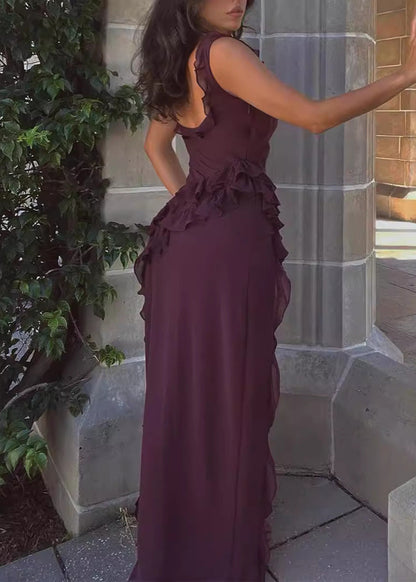 Ruffled High Slit Gown In Burgundy Fabric