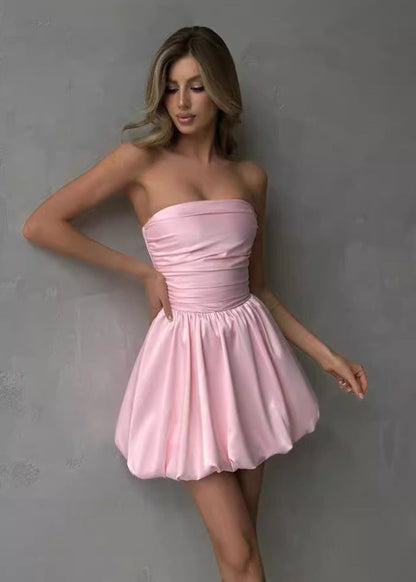 Strapless Mini Dress Lustrous Fabric Bubble Hem