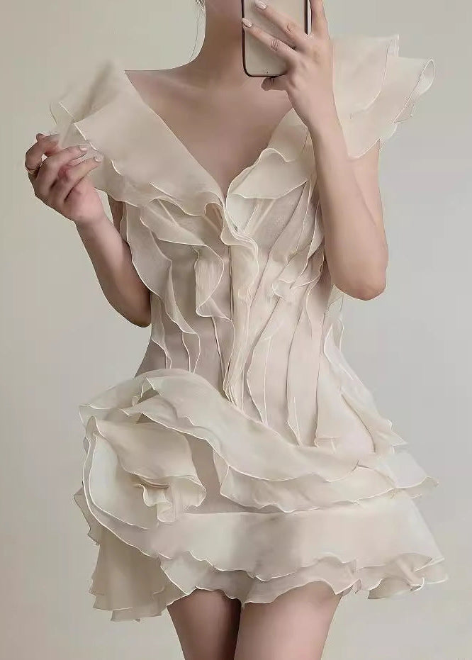 Ruffled Organza Mini Dress With Asymmetrical Neckline