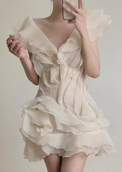 Ruffled Organza Mini Dress With Asymmetrical Neckline