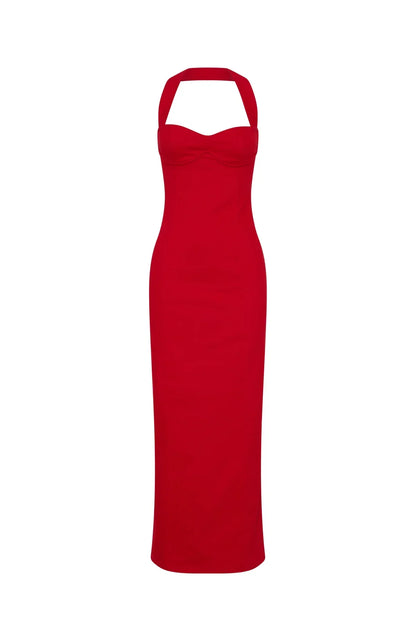 Champagne High Halter Maxi Dress Red
