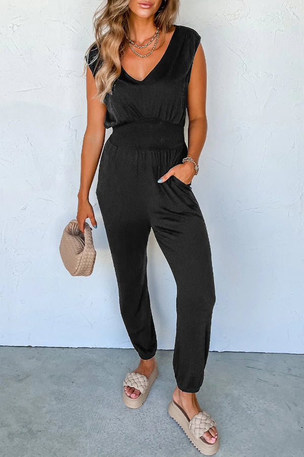 High Waist Sleeveless V Neck Jumpsuit