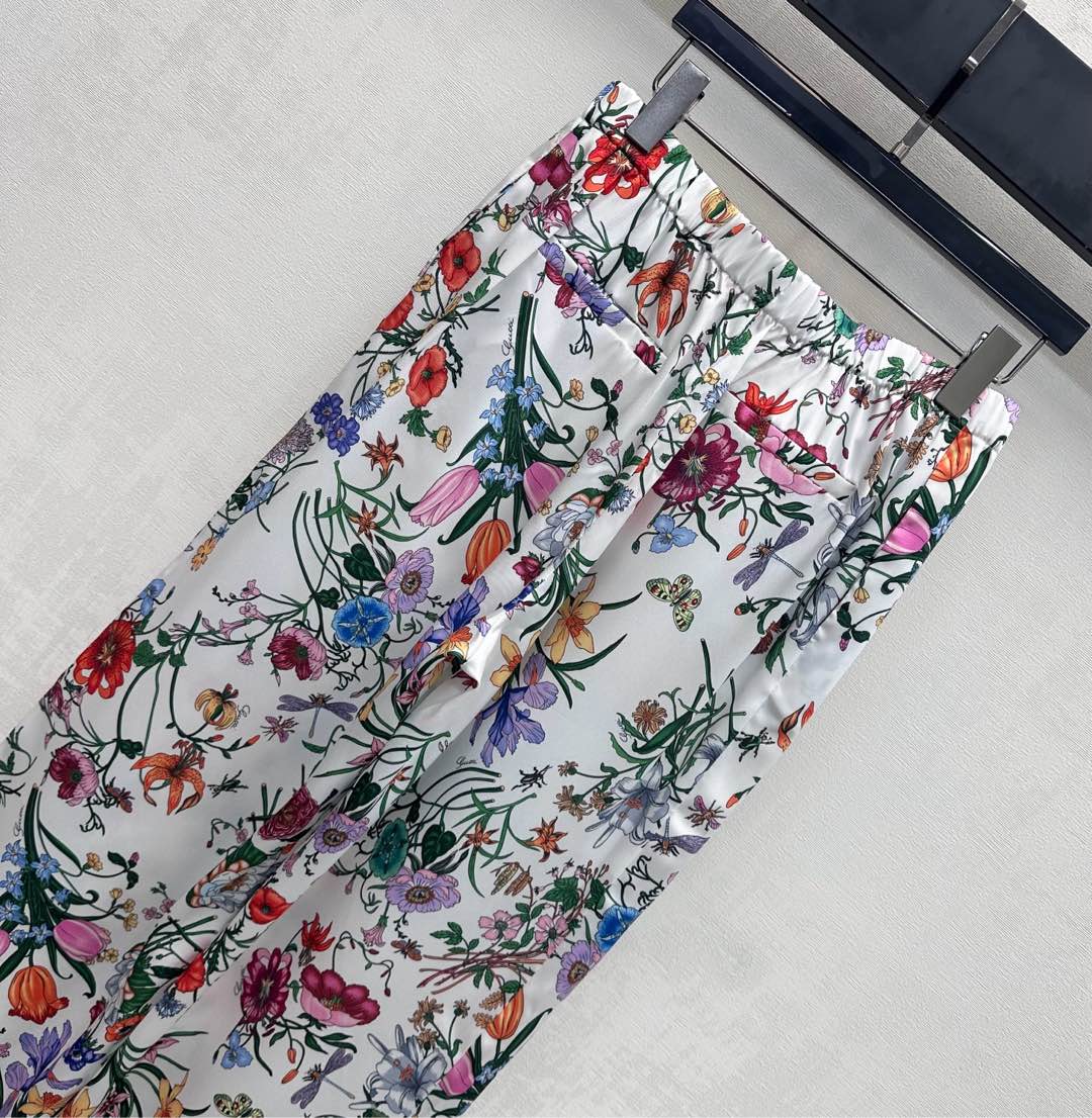 GG SS26 Printed Straight Leg Trousers White Multicolor Silk 351693