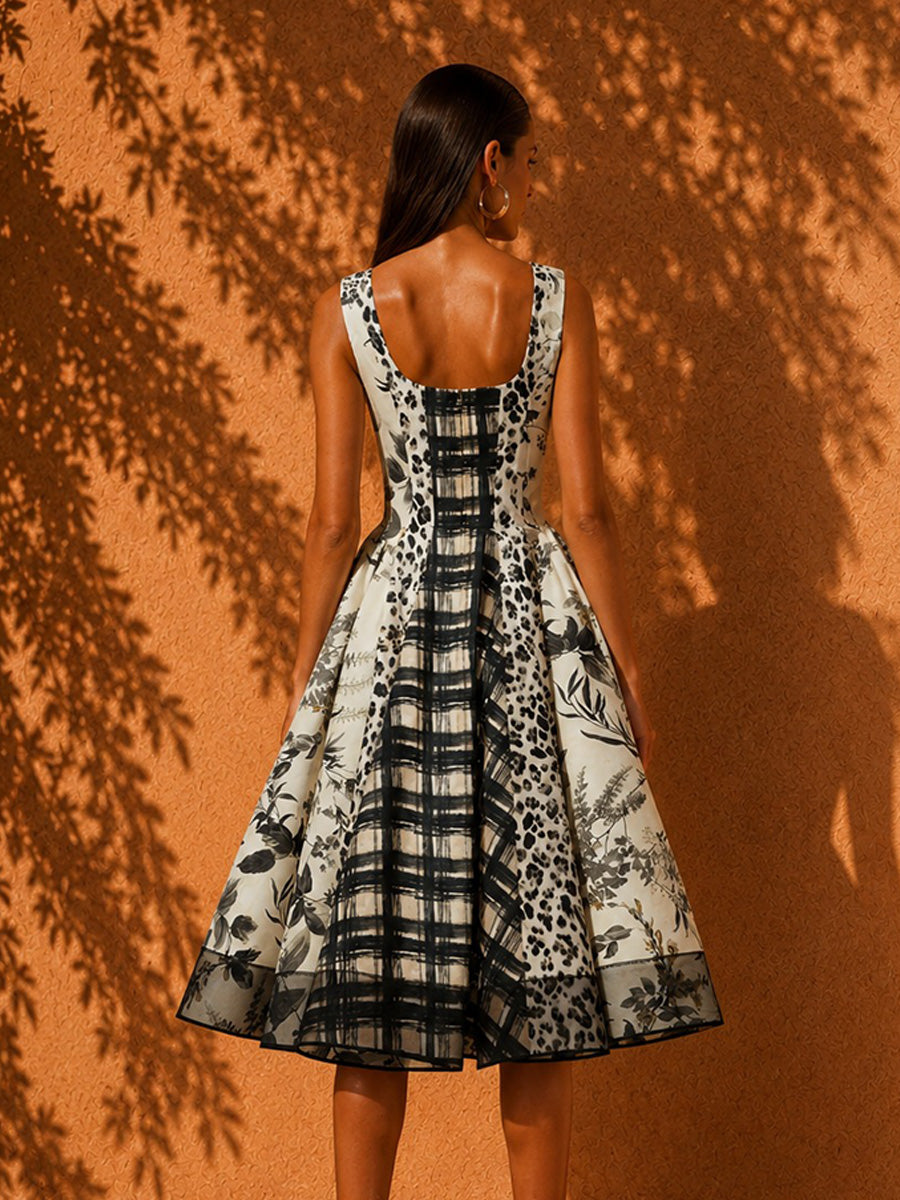 Zoey Sleeveless Ink-Wash Print Midi Dress