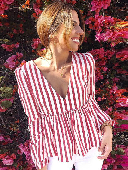 Tops Womens New Arrived Casual Striped V-Neck Full Sleeve  Shirt Brief T-Shirt