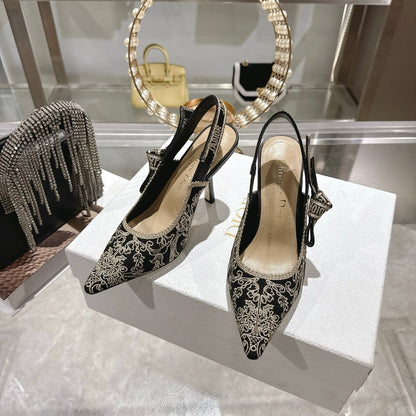 CD 26 Slingback Metallic Floral Embroidery 85mm Black Gold Tweed 592233