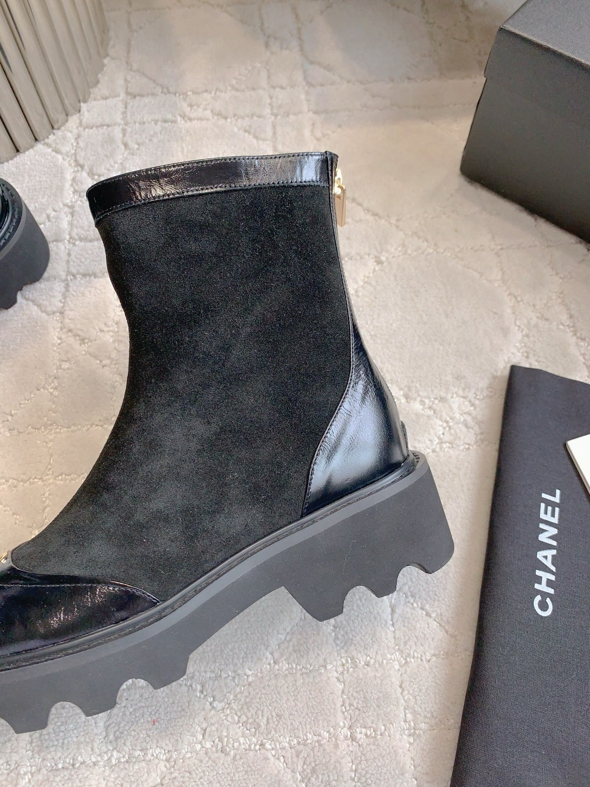 CC New Platform Ankle Boots Black Suede Glossy Sheepskin