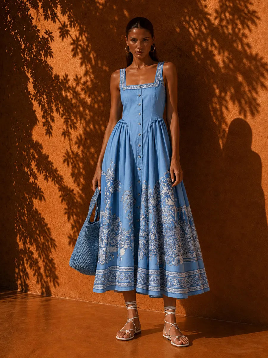 Esmeralda Elegant Single-Breasted Printed Midi Dress