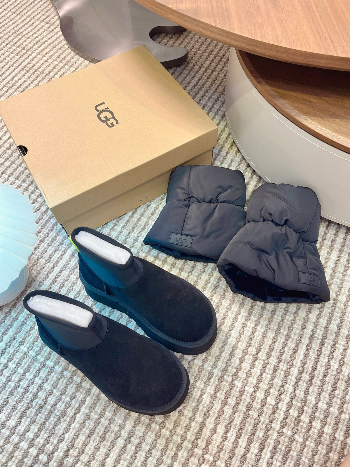 UGG Classic Mini Dipper Puffer Boots Black Suede Technical Fabric