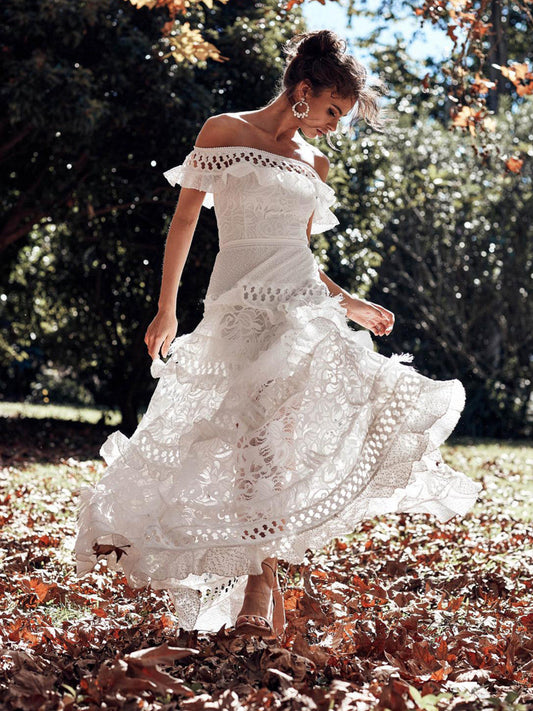 Women'S Lace One Shoulder Lotus Leaf Wedding Evening Party Dress