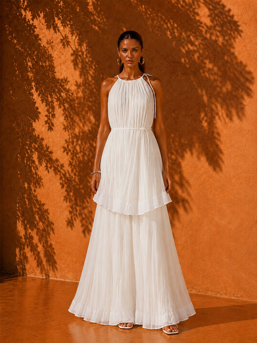 Ivy Pleated Sleeveless Maxi Beach Dress In White