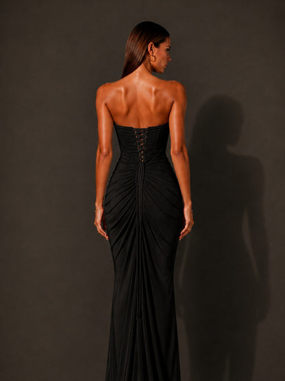Isabella Strapless Ruched Bodycon Maxi Dress In Black