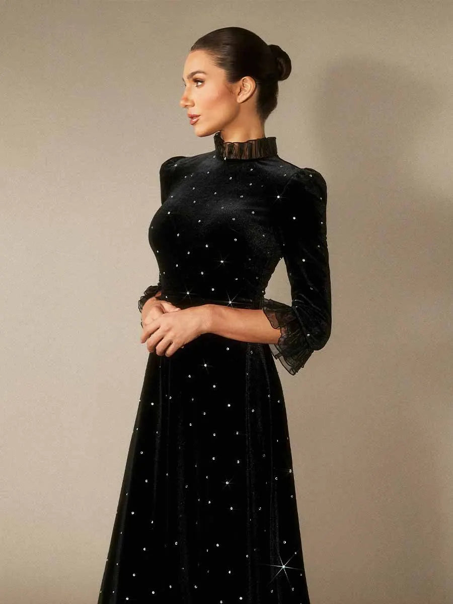 Beatrice Diamante Ruffle Velvet Maxi Dress